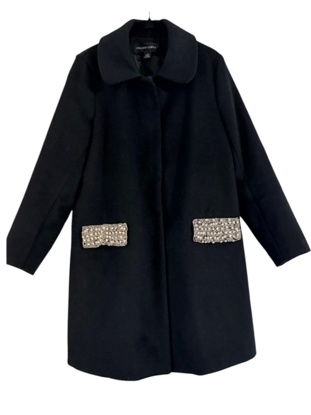 Colleen Lopez Black Wool-Blend Coat with Rhinestone Pocket Panels